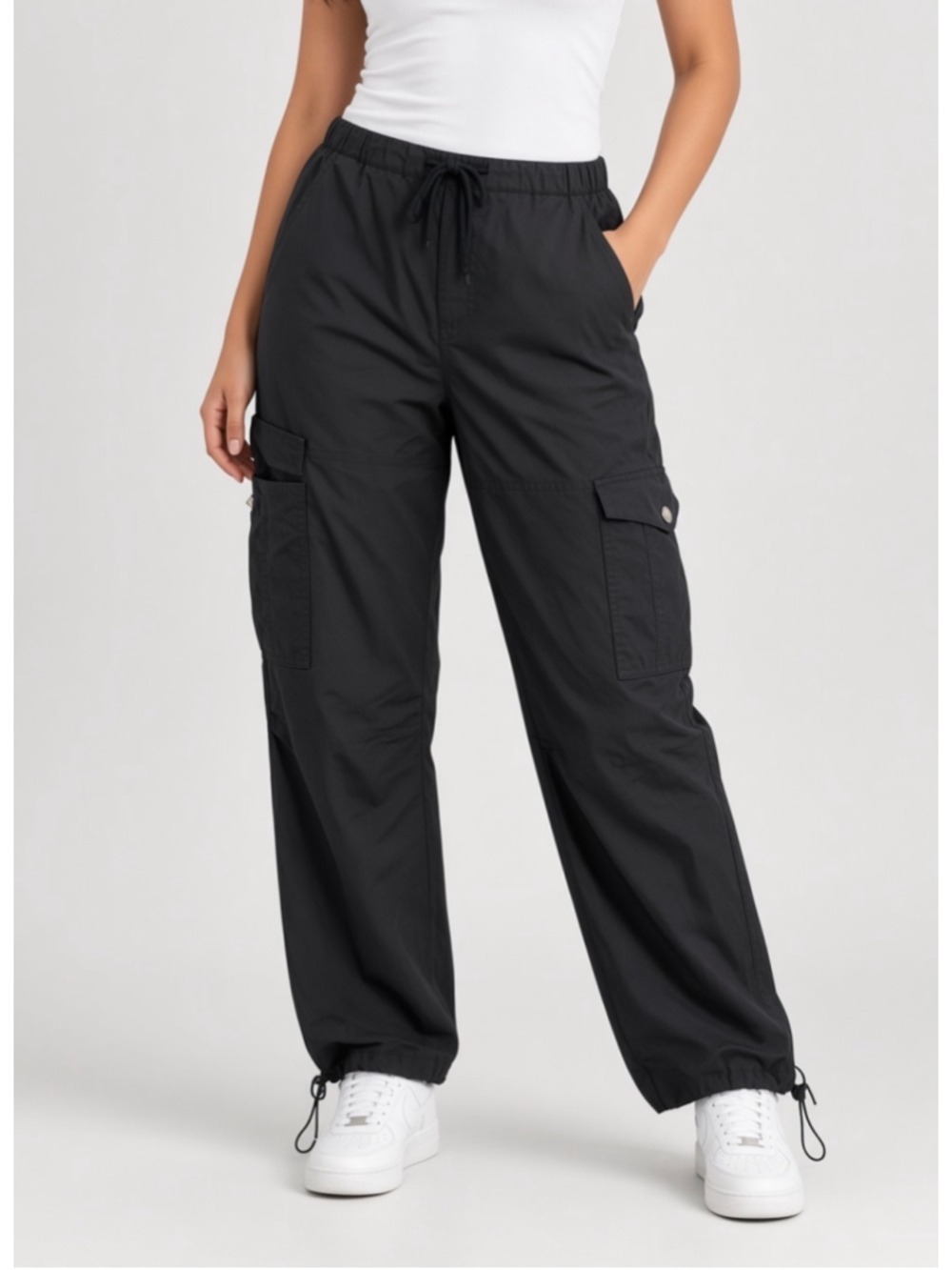Madrag Black Cargo Pants Elastic Waist Drawstring Utility Parachute Pants Size L